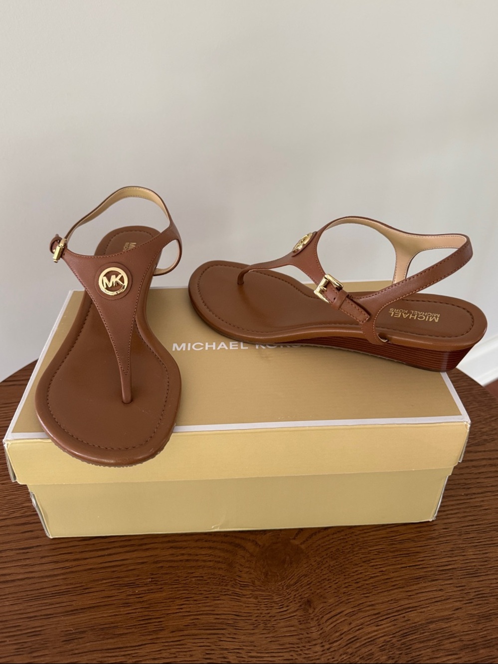 Michael Kors Cognac Leather T-Strap Sandals with Gold MK Accent